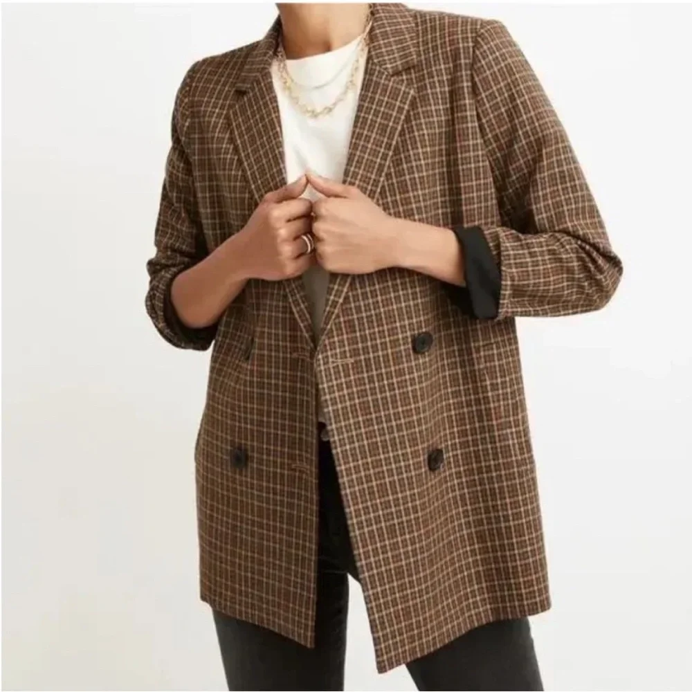Madewell Caldwell Blazer Mandell Plaid Double Breasted Brown Tan Size L - Picture 4 of 7